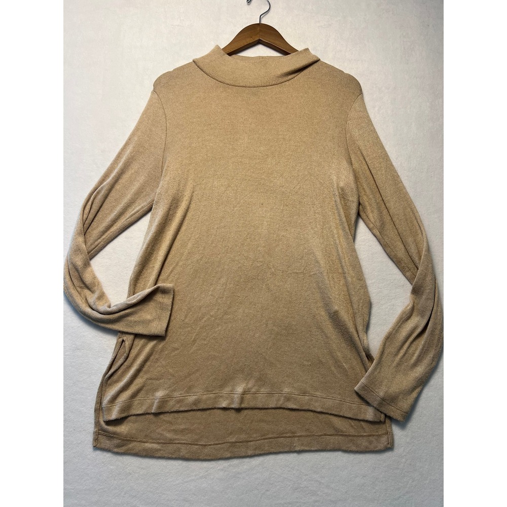 Banana Republic M Mock Neck Tunic Minimalist Tan Long Sleeve High Low Top